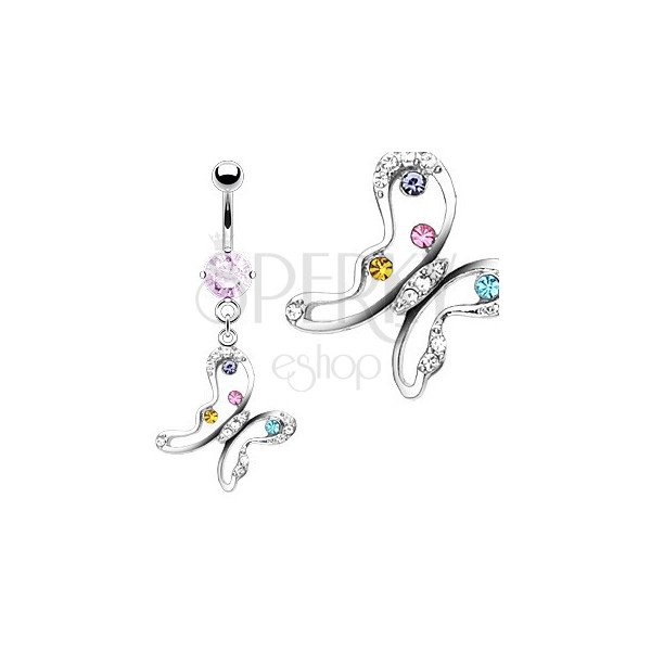 Butterfly belly piercing with multi-coloured zircons