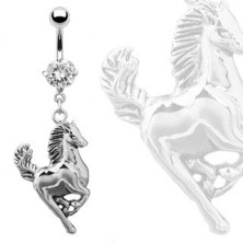 Belly piercing - galloping horse of silver colour, clear round zircon