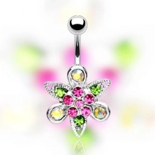 Belly ring - pink flower on leaves