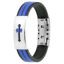 Rubber black - blue bracelet with steel cross bottony