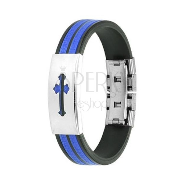 Rubber black - blue bracelet with steel cross bottony