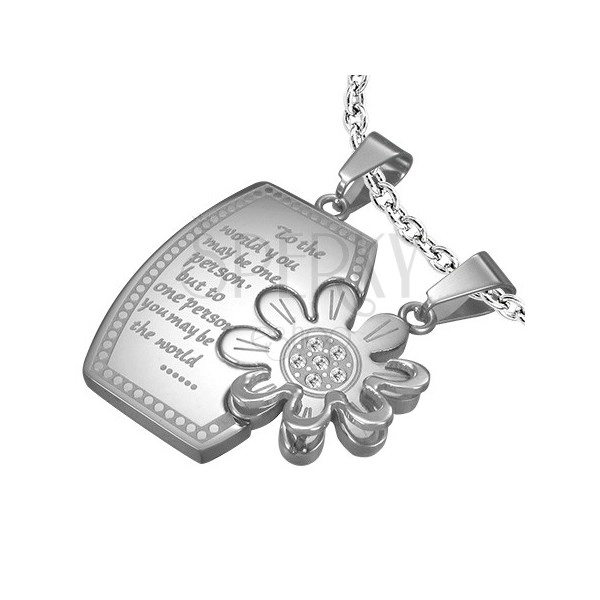 Stainless steel couple pendant - tag and flower with zircons