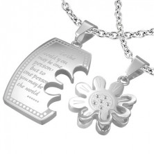 Stainless steel couple pendant - tag and flower with zircons