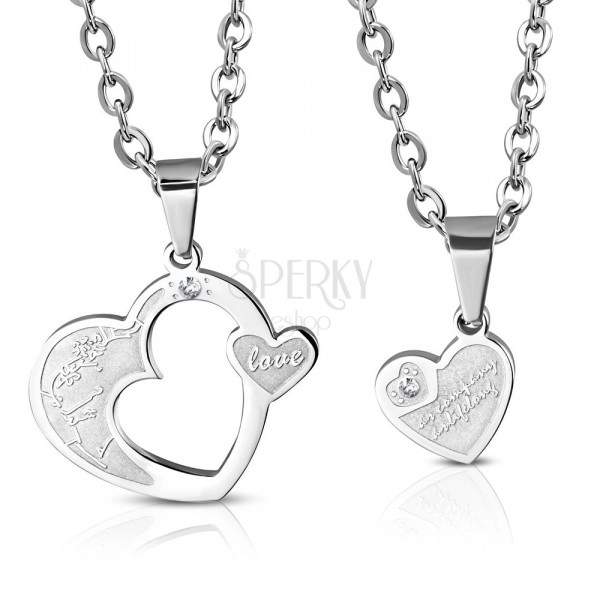 Steel pendant for couple - two hearts with flowers, zircon