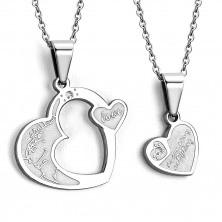 Steel pendant for couple - two hearts with flowers, zircon