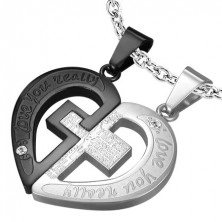 Steel couple pendant - cross in heart, silver-black colour combination