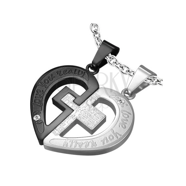 Steel couple pendant - cross in heart, silver-black colour combination