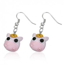 Fimo earrings - pink cow, black eyes