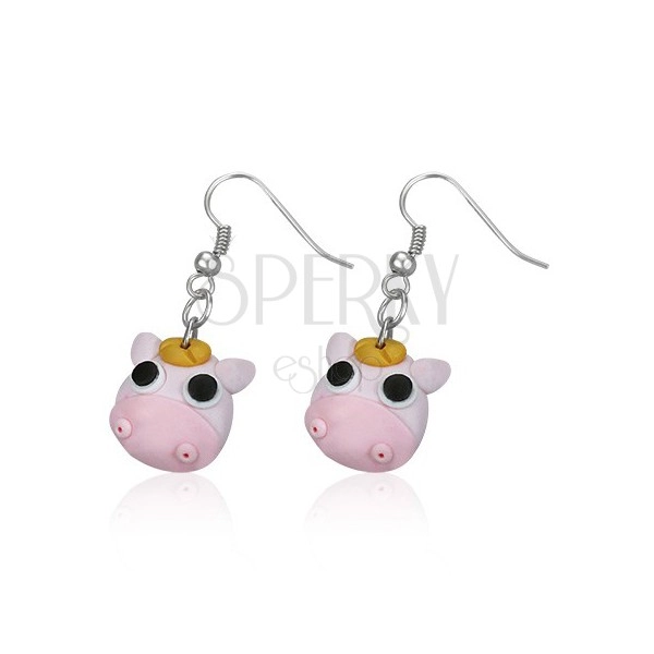 Fimo earrings - pink cow, black eyes