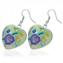 Fimo earrings - heart with violet flower