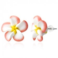 Earrings FIMO - salmon pink and white petals, flower Plumeria