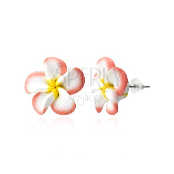 Earrings FIMO - salmon pink and white petals, flower Plumeria