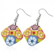 Earrings Fimo - yellow square, flowers, zircons