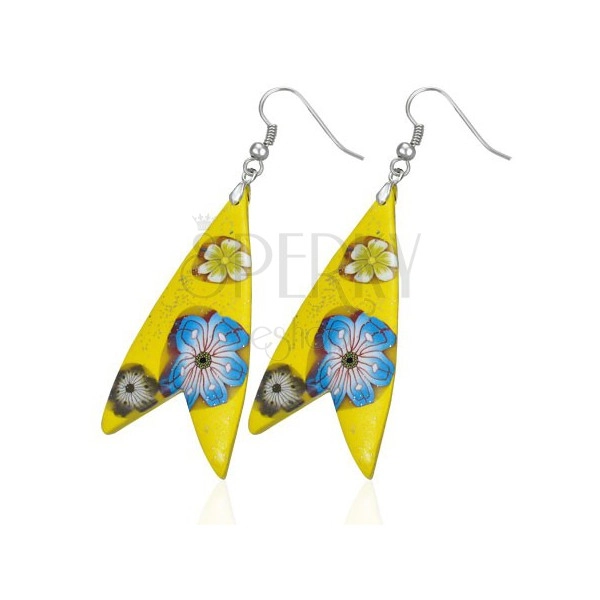 Earrings Fimo - yellow triangle, fish shape, flowers