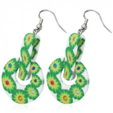 FIMO round earrings - green flowers, peg