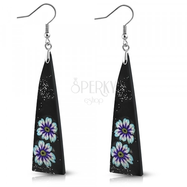 FIMO earrings - black triangles decorated with flowers and glliters, hooks