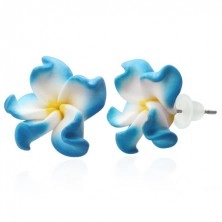 Fimo earrings - white and blue petals, Plumeria flower