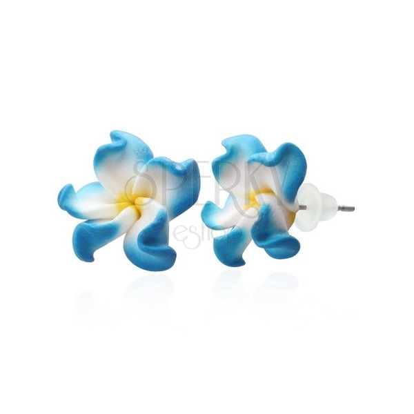 Fimo earrings - white and blue petals, Plumeria flower