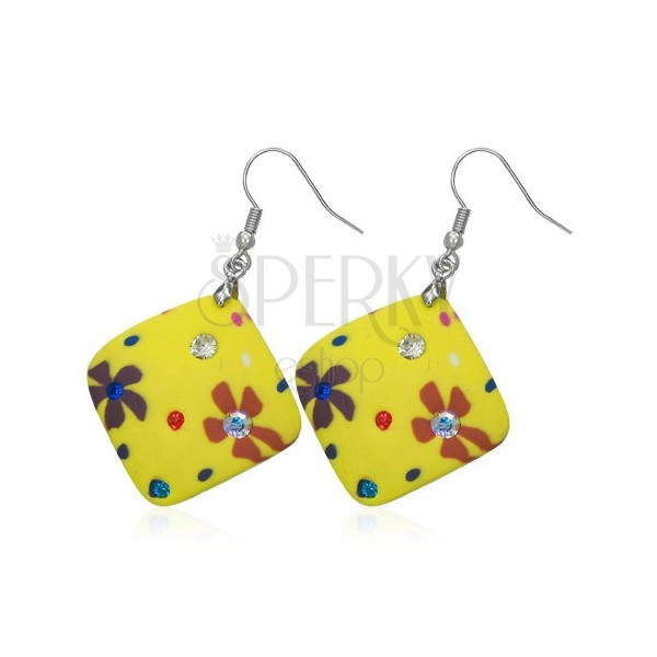 Earrings made of Fimo material - yellow squares, flowers, zircons