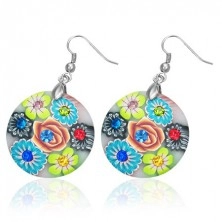Fimo earrings - circle with rose in the middle, flowers