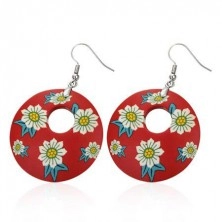 Earrings Fimo - red circle and white flowers