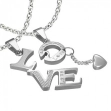 LOVE steel pendants for couple - heart, zircons, inscription