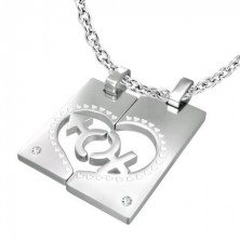 Stainless steel pendant for couple - tags, heart, gender symbols, zircons