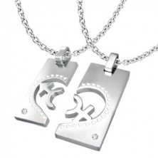 Stainless steel pendant for couple - tags, heart, gender symbols, zircons