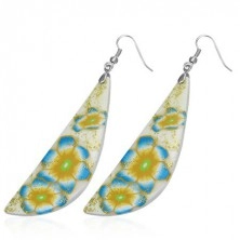 FIMO earrings - white and yellow tear drop, blue flowers