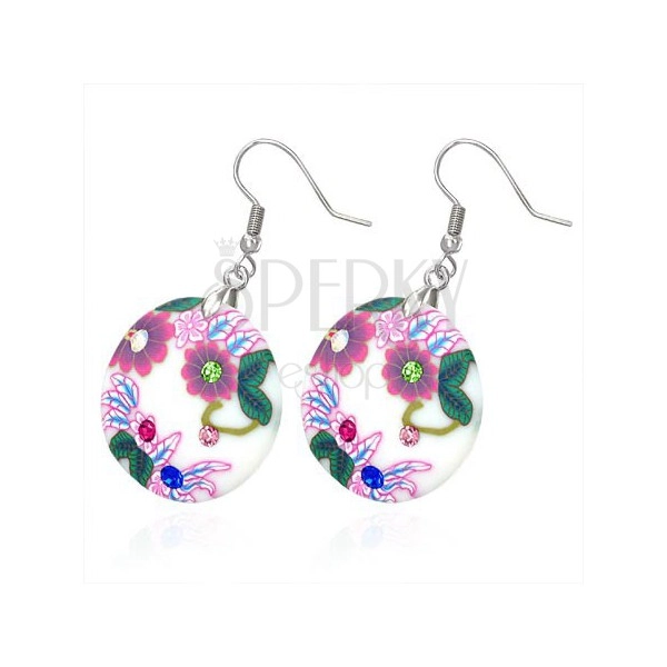 Fimo earrings - circles with meadow flowers
