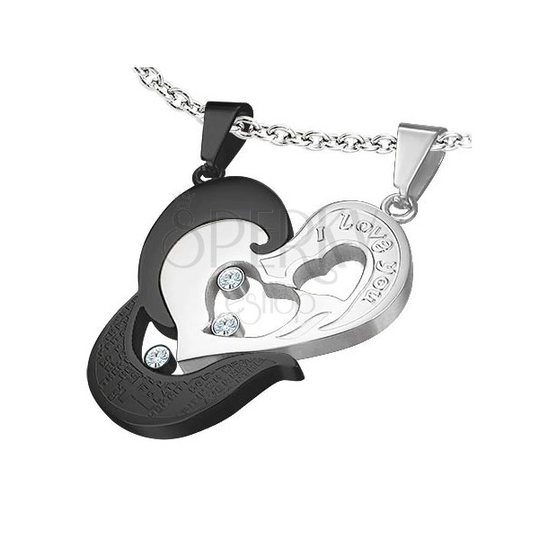 Unusual two-piece steel pendant with heart, inscription, zircon and prayer