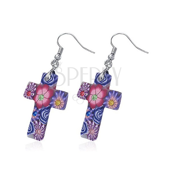 Fimo earrings - white cross with violet flowers, zircons