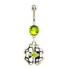 Belly button ring - silver coloured four leaf clover, embedded zircon