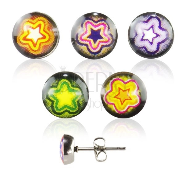 Round steel earrings - colourful star
