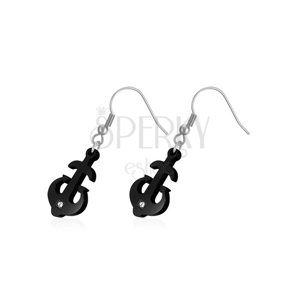Stainless steel earrings - black anchor with zircon