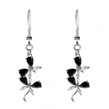 Earrings made of 316L steel - connected butterflies, black and clear zircons