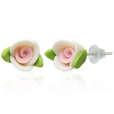 Fimo stud earrings - white rose with leaves