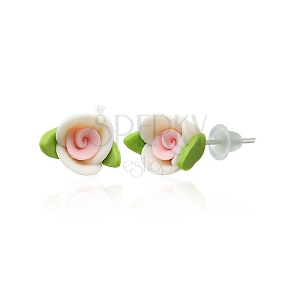 Fimo stud earrings - white rose with leaves