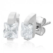Steel earrings in silver colour - clear zircon in oblong