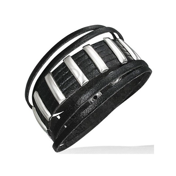 Genuine leather bracelet - black colour, stripes, metal rectangles