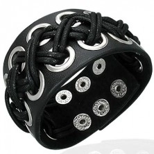 Leather bracelet of black colour - braided circles, snap closure