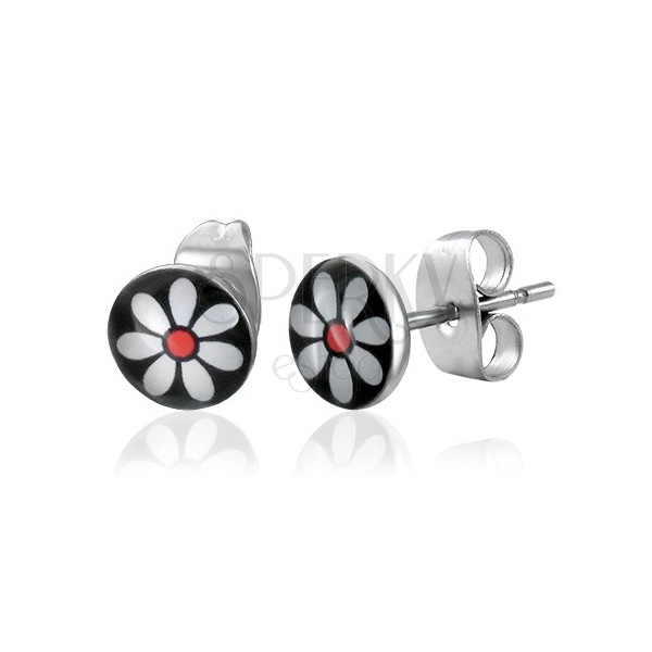 Round steel earrings - white flower with red centre