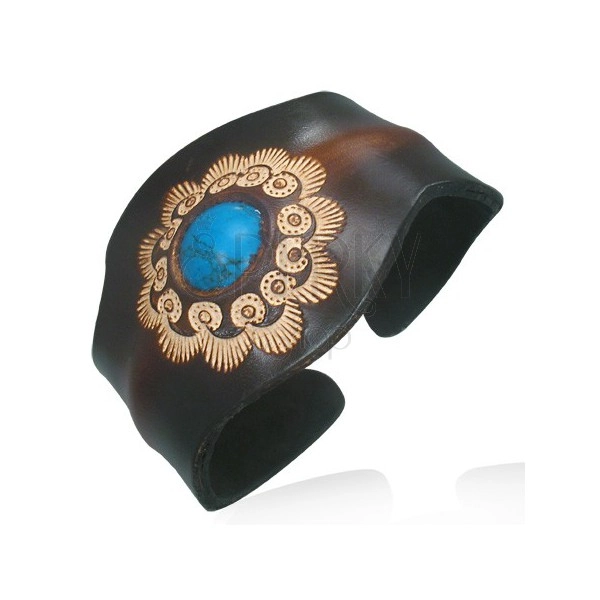 Leather bracelet - flexible, sun pattern and turquoise ball