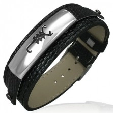 Imitation leather bracelet - black color, steel ID plate, scorpion