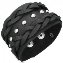 Black leather bracelet - braided, studded