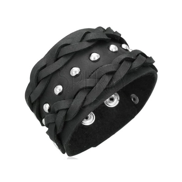 Black leather bracelet - braided, studded