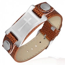 Imitation leather bracelet - brown color, engraved with cross