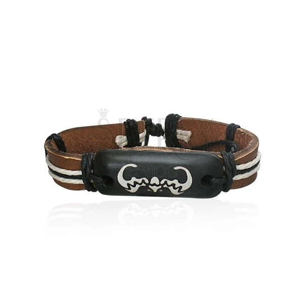 Leather bracelet - borwn color, bat, twines