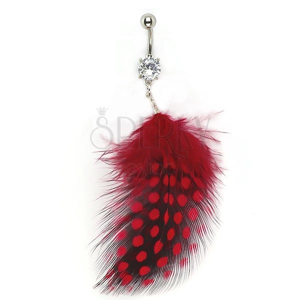 Navel ring with zircon and black-red feather