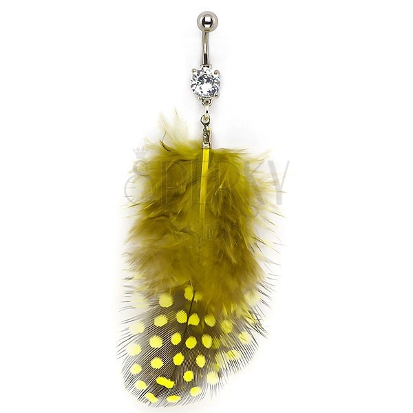 Navel ring with black and yellow feathers